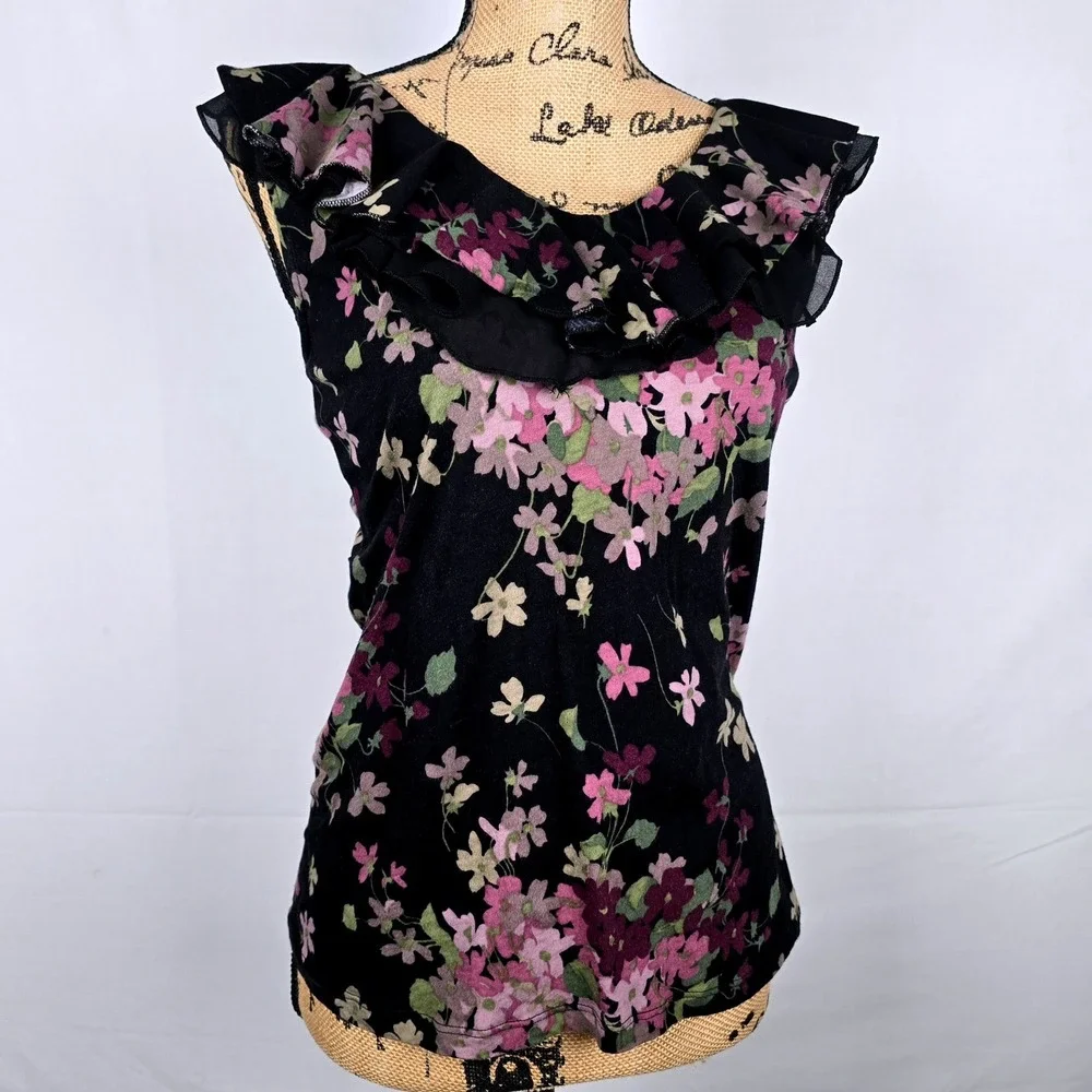 Lauren Ralph Lauren Floral Ruffle‎ V-Neck Sleeveless Top Black Purple Cotton L